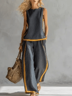 🎁New Arrivals🔥 Women's Round Neck Sleeveless Casual Loose Top & Loose Wide-leg Pants Cotton and Linen Set