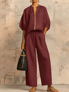 🎁New Arrivals🔥 Stylish Cozy Zipper Shirt & Wide-Leg Pants Linen Cotton Two-Piece Set