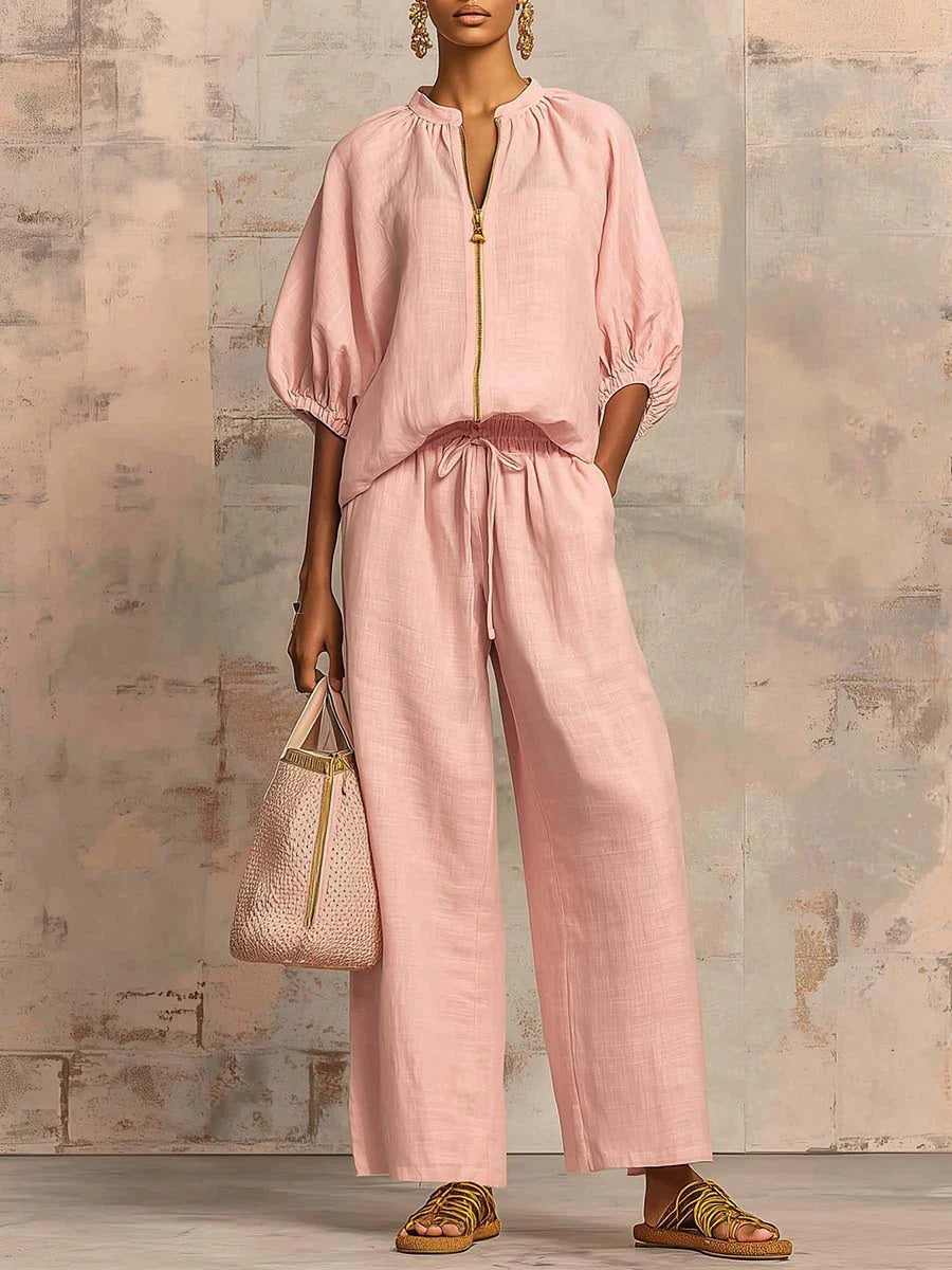 🎁New Arrivals🔥 Stylish Cozy Zipper Shirt & Wide-Leg Pants Linen Cotton Two-Piece Set