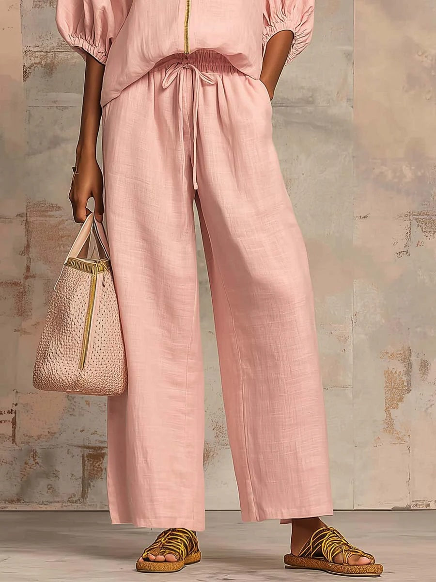 🎁New Arrivals🔥 Stylish Cozy Zipper Shirt & Wide-Leg Pants Linen Cotton Two-Piece Set