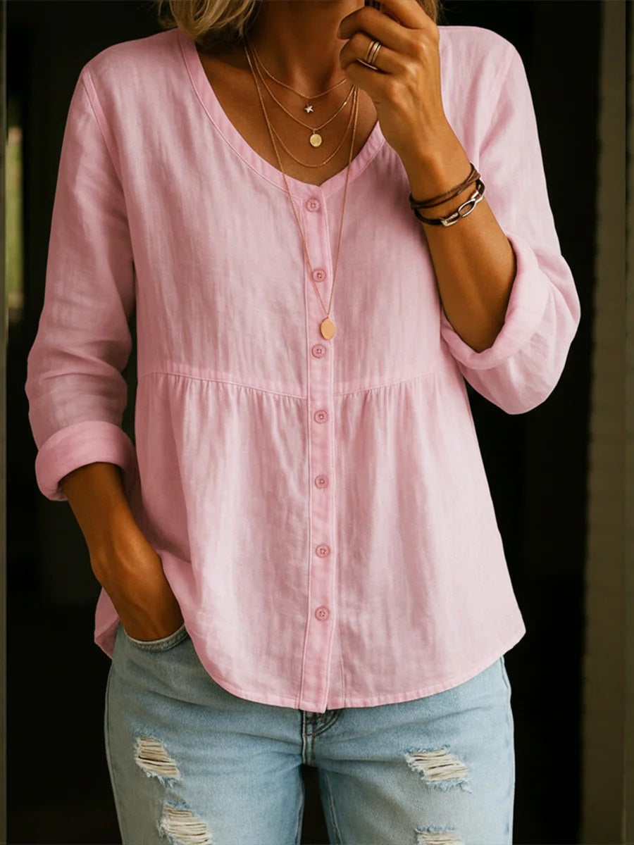 🎁New Arrivals🔥 Women's Linen Cotton Blend Shirt - 3/4 Sleeve Crew Neck Loose Hip-Length Casual Blouse
